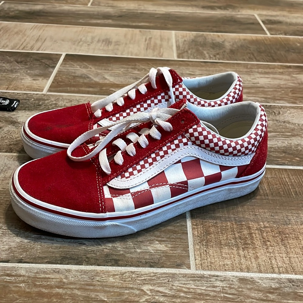 Red and white checkerboard Vans! Only damage is small stain on right shoe.
